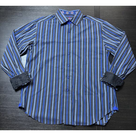 Robert Graham Men’s Size L Striped Button Up Shirt Paisley Flip Cuffs, Luxury - Picture 1 of 6